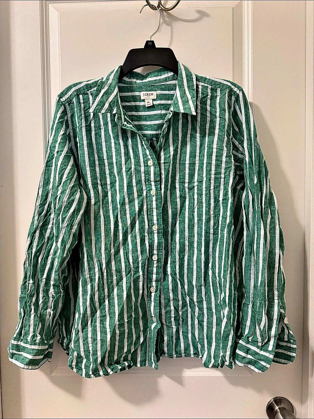 J.Crew Striped Linen-Cotton Button-Up Shirt Green & White XL